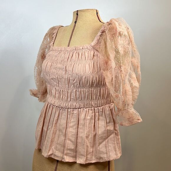 NWT Umgee Pastel Pink Rushed Bodice Sheer Floral Sleeve Blouse - Size Small - Picture 8 of 13